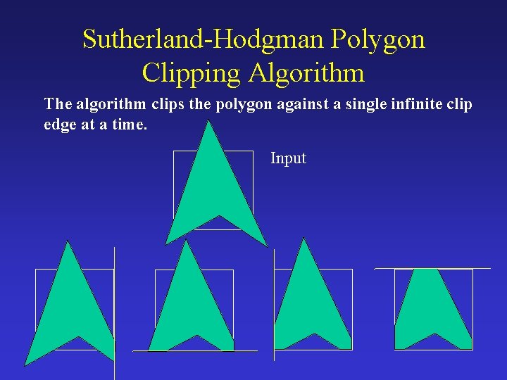 Sutherland-Hodgman Polygon Clipping Algorithm The algorithm clips the polygon against a single infinite clip