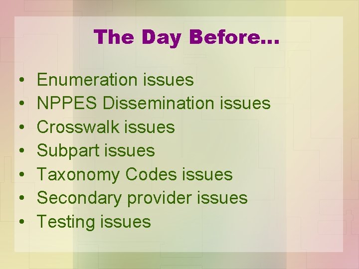 The Day Before… • • Enumeration issues NPPES Dissemination issues Crosswalk issues Subpart issues