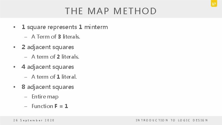 THE MAP METHOD • 1 square represents 1 minterm – A Term of 3