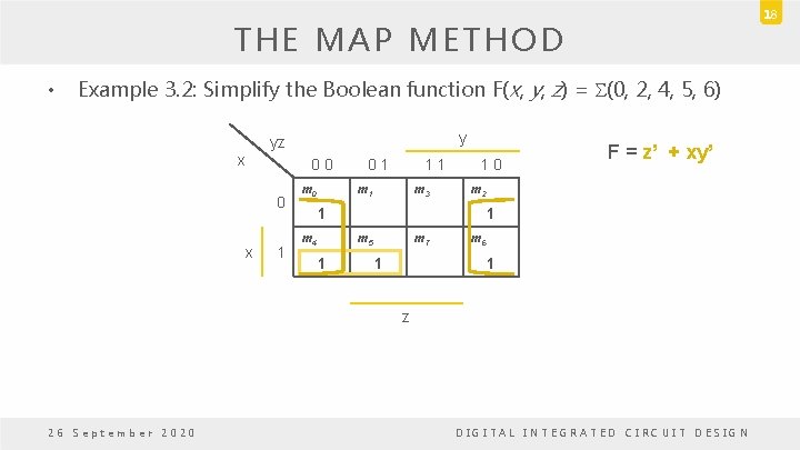 18 THE MAP METHOD • Example 3. 2: Simplify the Boolean function F(x, y,