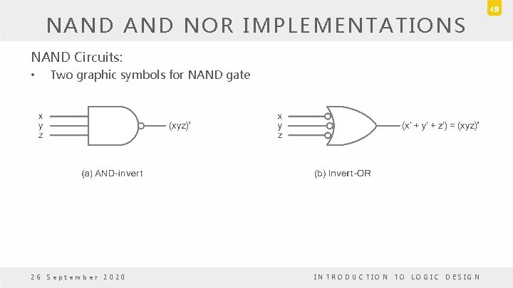 NAND NOR IMPLEMENTATIONS NAND Circuits: • Two graphic symbols for NAND gate 26 September