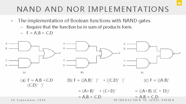 NAND NOR IMPLEMENTATIONS • The implementation of Boolean functions with NAND gates – Require