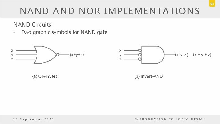 NAND NOR IMPLEMENTATIONS NAND Circuits: • Two graphic symbols for NAND gate 26 September