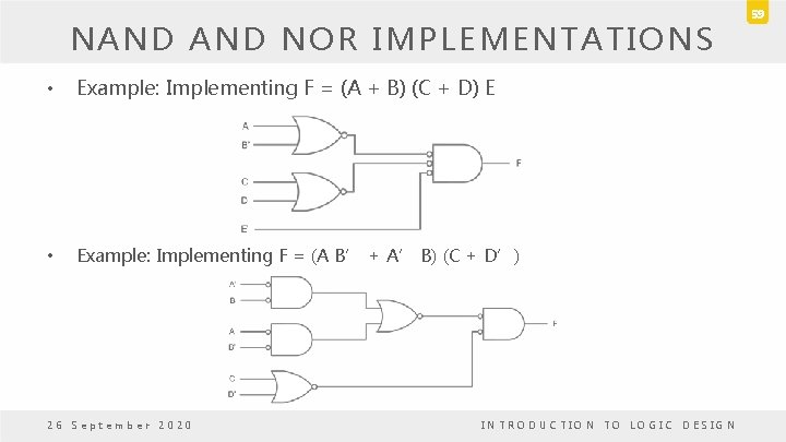 NAND NOR IMPLEMENTATIONS • Example: Implementing F = (A + B) (C + D)