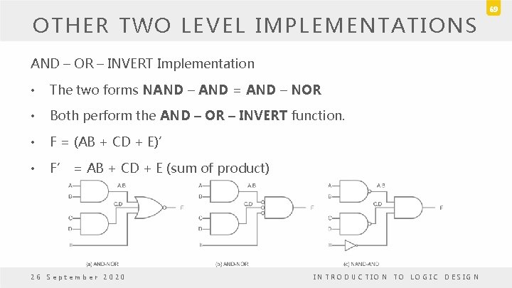 OTHER TWO LEVEL IMPLEMENTATIONS AND – OR – INVERT Implementation • The two forms
