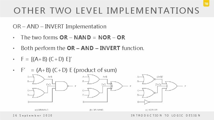OTHER TWO LEVEL IMPLEMENTATIONS OR – AND – INVERT Implementation • The two forms