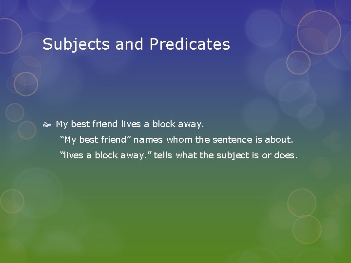 Subjects and Predicates My best friend lives a block away. “My best friend” names