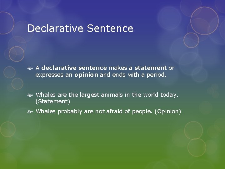 Declarative Sentence A declarative sentence makes a statement or expresses an opinion and ends