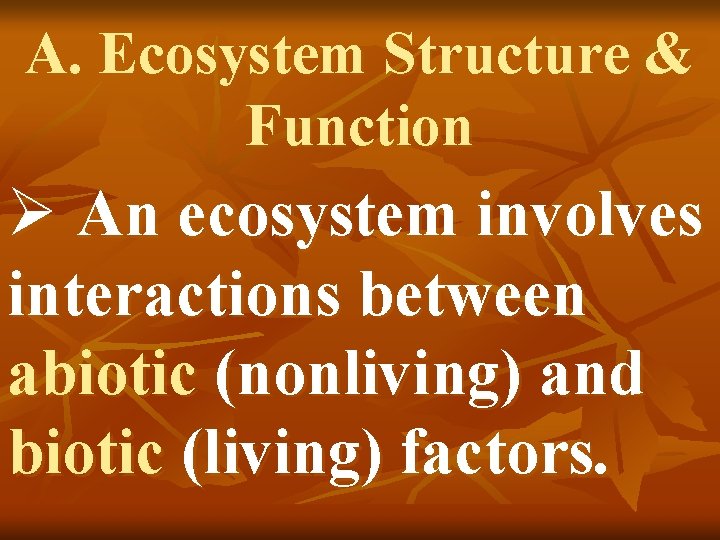 A. Ecosystem Structure & Function Ø An ecosystem involves interactions between abiotic (nonliving) and