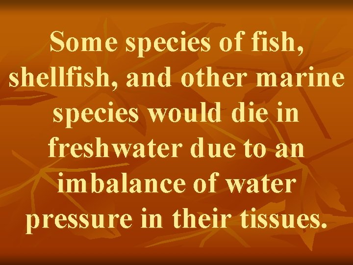 Some species of fish, shellfish, and other marine species would die in freshwater due