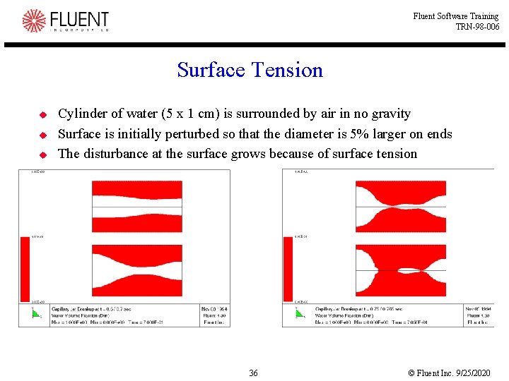 Fluent Software Training TRN-98 -006 Surface Tension u u u Cylinder of water (5