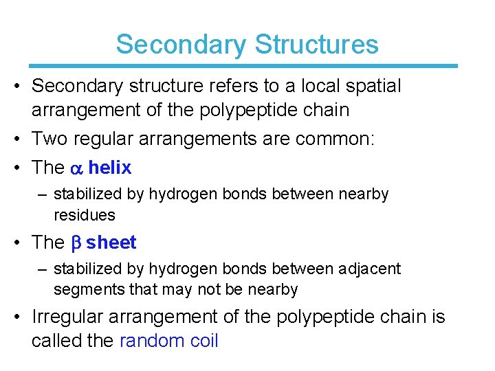 Secondary Structures • Secondary structure refers to a local spatial arrangement of the polypeptide