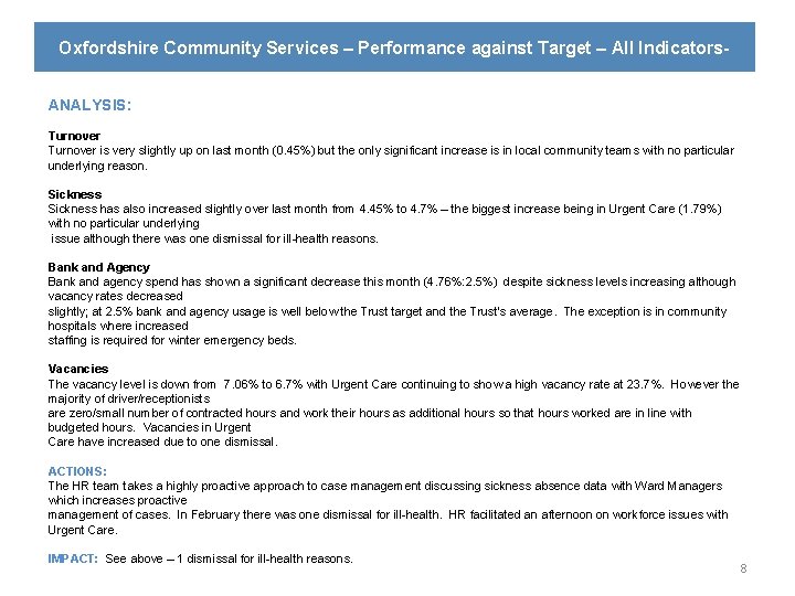 Oxfordshire Community Services – Performance against Target – All Indicators. ANALYSIS: Turnover is very