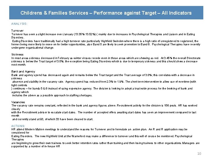 Childrens & Families Services – Performance against Target – All Indicators ANALYSIS: Turnover has