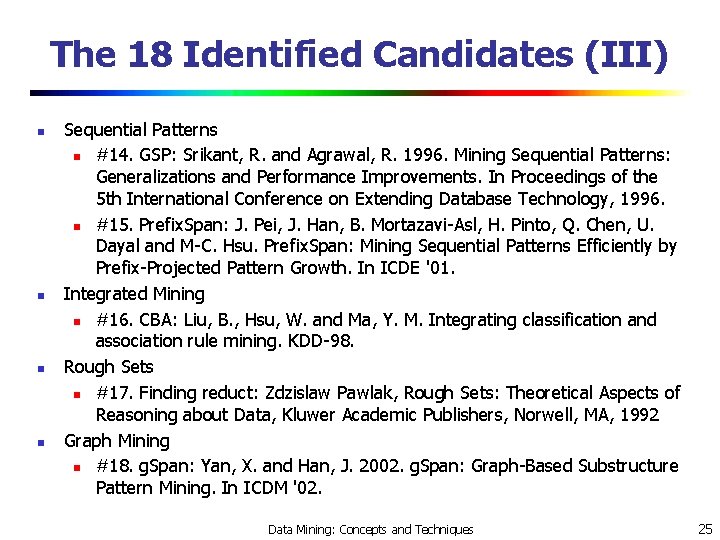 The 18 Identified Candidates (III) n n Sequential Patterns n #14. GSP: Srikant, R.
