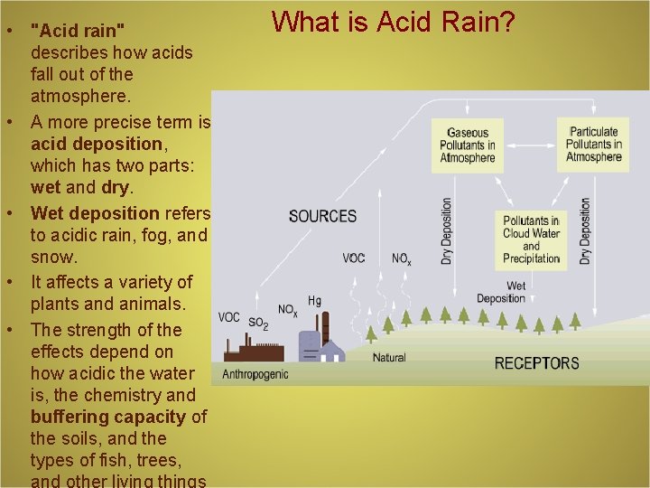  • "Acid rain" describes how acids fall out of the atmosphere. • A