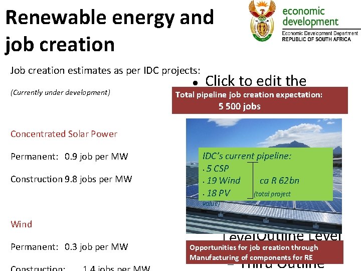 Renewable energy and job creation Job creation estimates as per IDC projects: (Currently under
