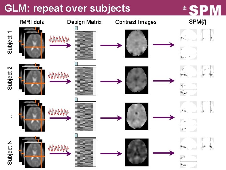 GLM: repeat over subjects Subject N … Subject 2 Subject 1 f. MRI data