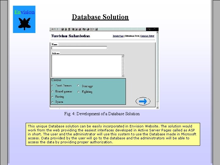 Database Solution Fig. 4: Development of a Database Solution This unique Database solution can