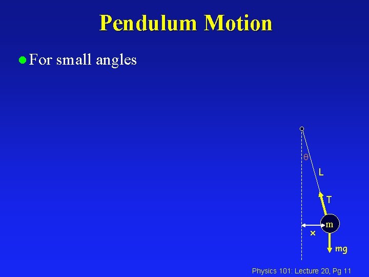 Pendulum Motion l For small angles q L T x m mg Physics 101: