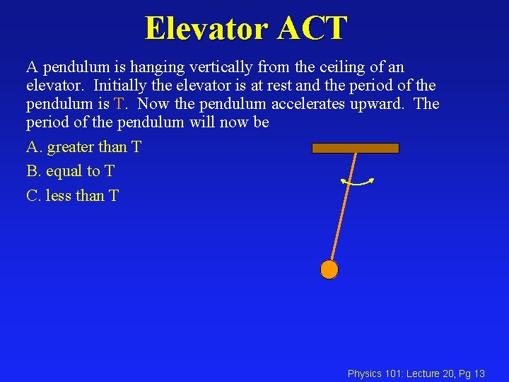 Elevator ACT A pendulum is hanging vertically from the ceiling of an elevator. Initially