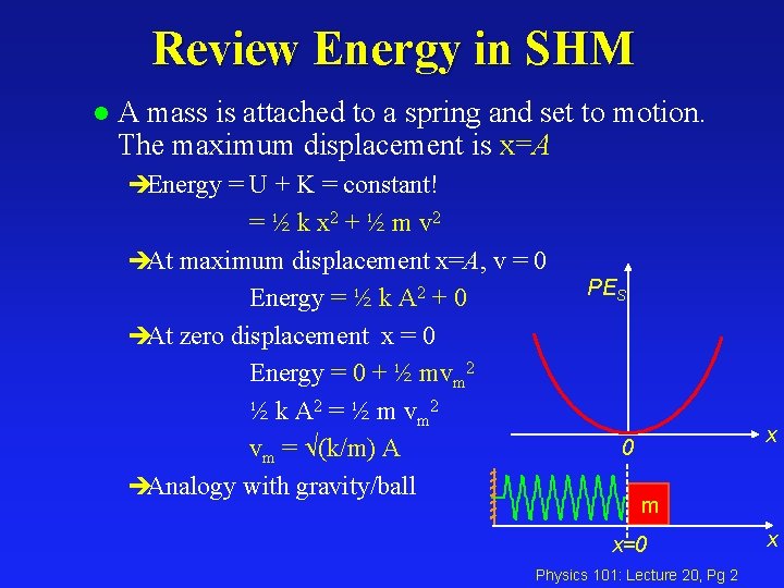 Review Energy in SHM l A mass is attached to a spring and set