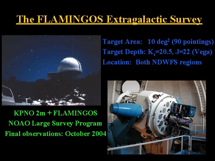 The FLAMINGOS Extragalactic Survey Target Area: 10 deg 2 (90 pointings) Target Depth: Ks=20.