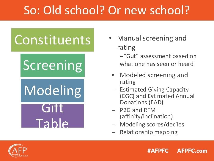 So: Old school? Or new school? Constituents Screening Modeling Gift Table • Manual screening