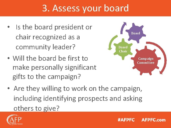 3. Assess your board • Is the board president or chair recognized as a