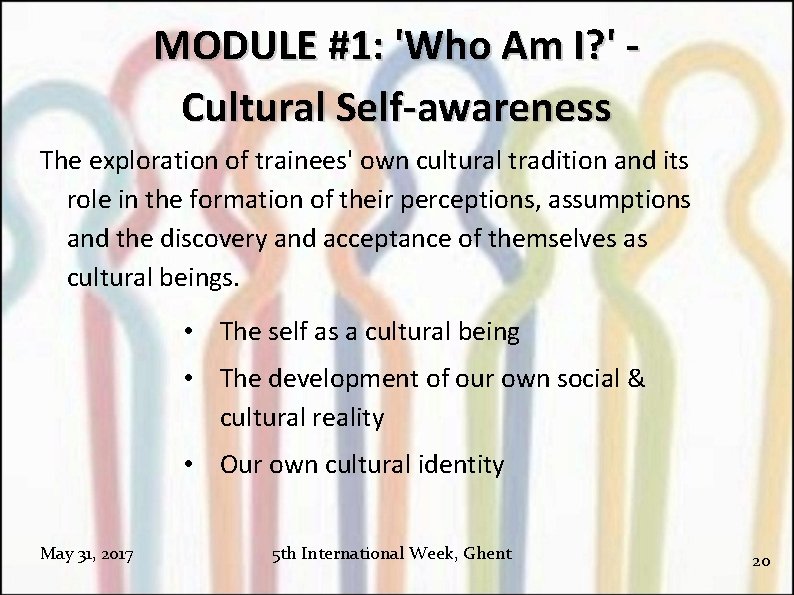 MODULE #1: 'Who Am I? ' Cultural Self-awareness The exploration of trainees' own cultural