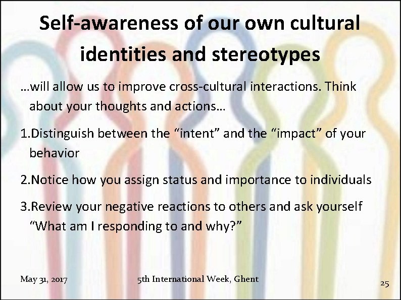 Self-awareness of our own cultural identities and stereotypes …will allow us to improve cross-cultural