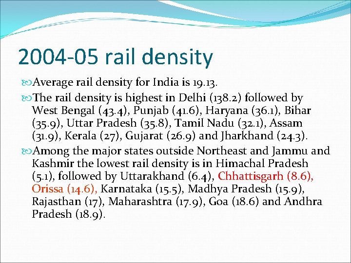 2004 -05 rail density Average rail density for India is 19. 13. The rail