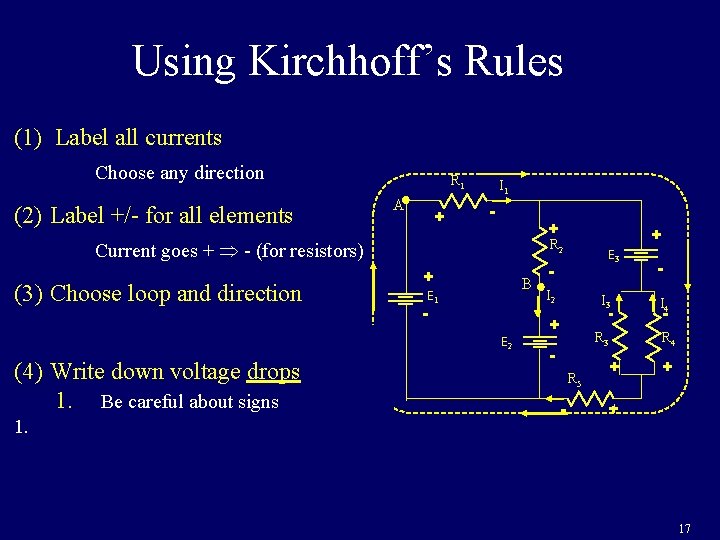 Using Kirchhoff’s Rules (1) Label all currents Choose any direction (2) Label +/- for Using Kirchhoff’s Rules (1) Label all currents Choose any direction (2) Label +/- for