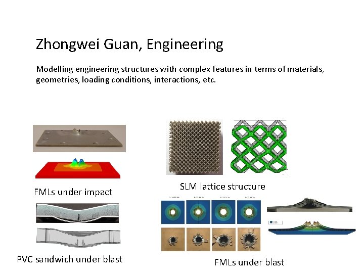 Zhongwei Guan, Engineering Modelling engineering structures with complex features in terms of materials, geometries,