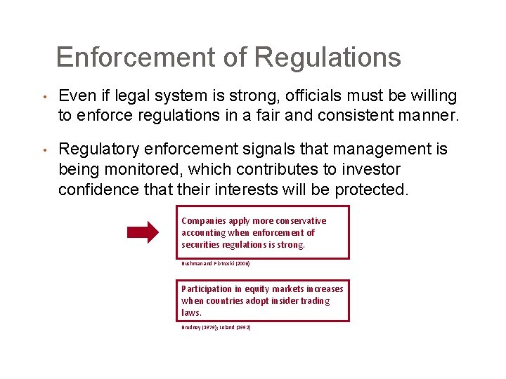 Enforcement of Regulations • Even if legal system is strong, officials must be willing