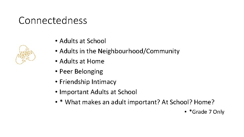 Connectedness • Adults at School • Adults in the Neighbourhood/Community • Adults at Home Connectedness • Adults at School • Adults in the Neighbourhood/Community • Adults at Home