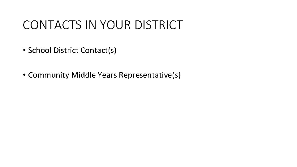CONTACTS IN YOUR DISTRICT • School District Contact(s) • Community Middle Years Representative(s) CONTACTS IN YOUR DISTRICT • School District Contact(s) • Community Middle Years Representative(s)