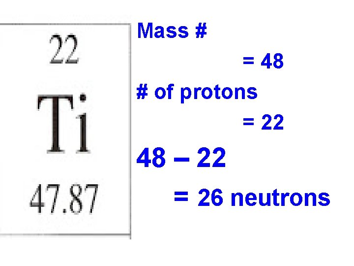 Mass # = 48 # of protons = 22 48 – 22 = 26