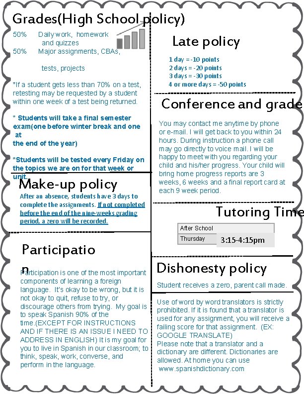 Grades(High School policy) 50% Daily work, homework and quizzes Late policy 50% Major assignments, Grades(High School policy) 50% Daily work, homework and quizzes Late policy 50% Major assignments,