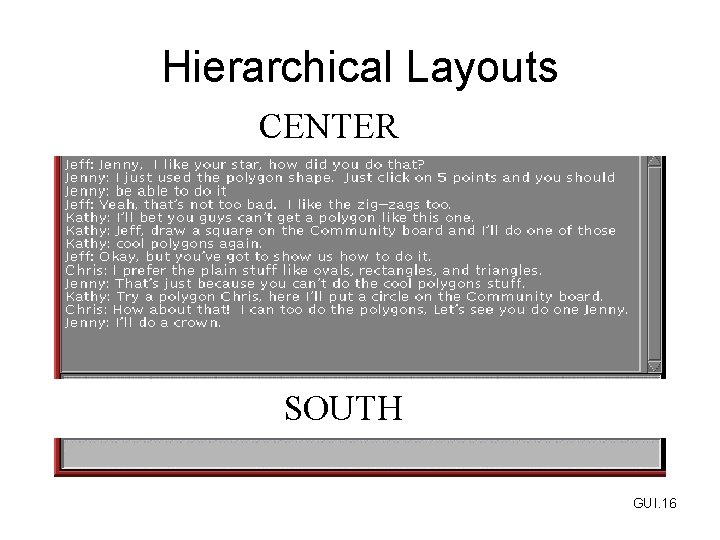 Hierarchical Layouts CENTER SOUTH GUI. 16 