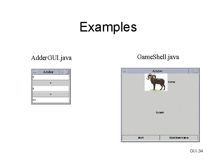 Examples Adder. GUI. java Game. Shell. java GUI. 34 