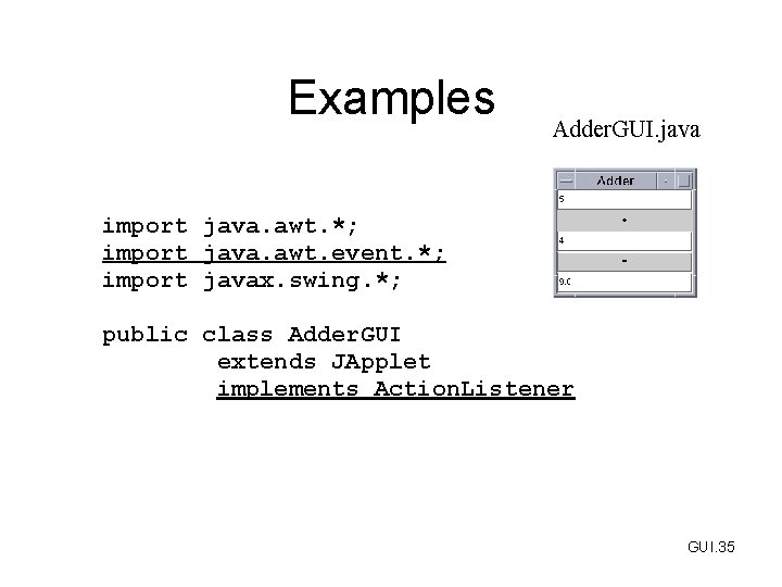 Examples Adder. GUI. java import java. awt. *; import java. awt. event. *; import