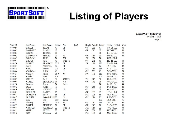 Listing of Players 