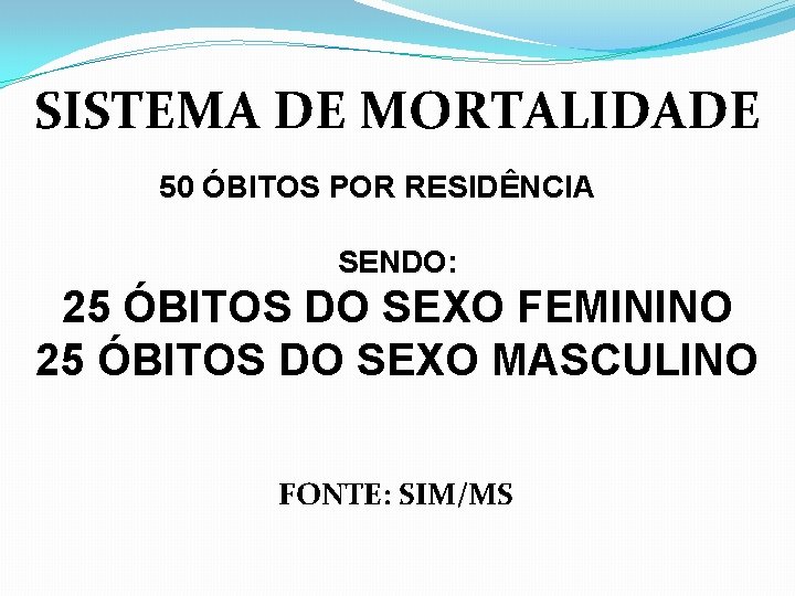 SISTEMA DE MORTALIDADE 50 ÓBITOS POR RESIDÊNCIA SENDO: 25 ÓBITOS DO SEXO FEMININO 25