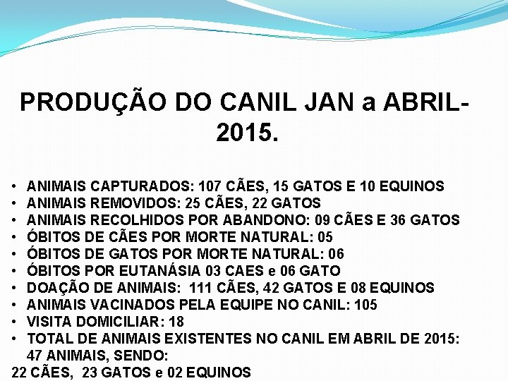 PRODUÇÃO DO CANIL JAN a ABRIL 2015. • • • ANIMAIS CAPTURADOS: 107 CÃES,