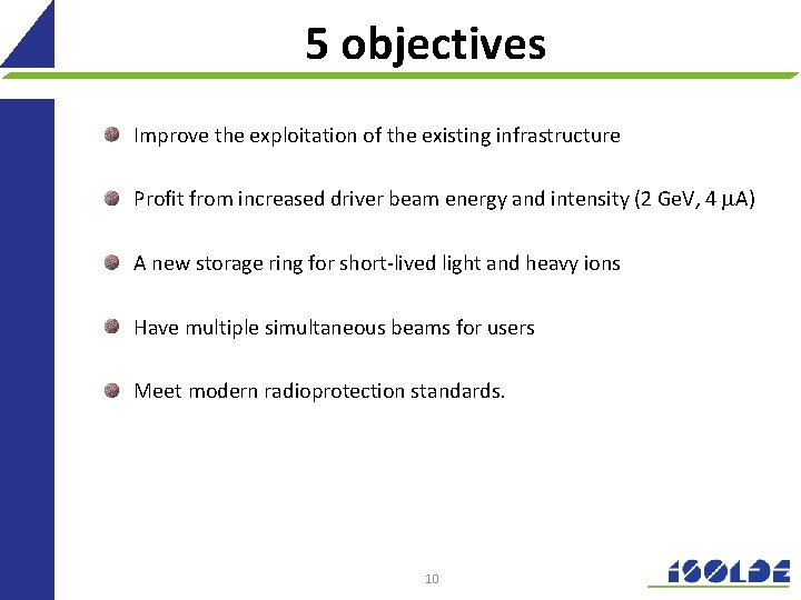 5 objectives Improve the exploitation of the existing infrastructure Profit from increased driver beam