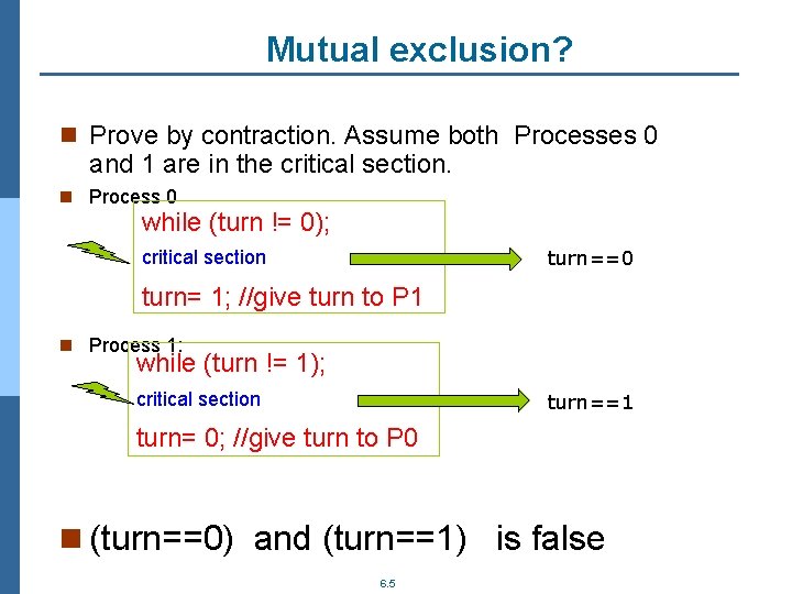 Mutual exclusion? n Prove by contraction. Assume both Processes 0 and 1 are in