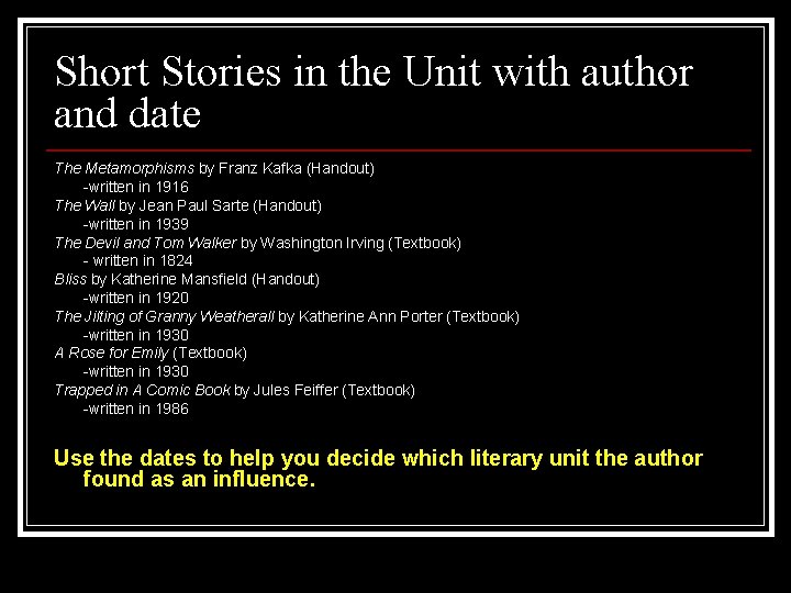 Short Stories in the Unit with author and date The Metamorphisms by Franz Kafka