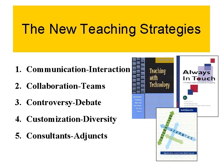 The New Teaching Strategies 1. Communication-Interaction 2. Collaboration-Teams 3. Controversy-Debate 4. Customization-Diversity 5. Consultants-Adjuncts