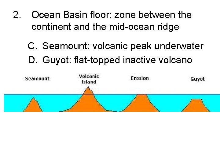 2. Ocean Basin floor: zone between the continent and the mid-ocean ridge C. Seamount: